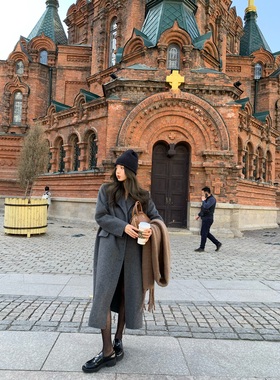 HEBEN MODE骆驼绒羊毛双面呢大衣女冬灰色高级感宽松长款毛呢外套