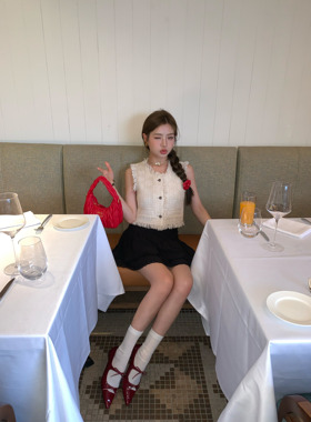 HEBEN MODE 多巴胺奇境 杂色毛须边小香背心女夏圆领无袖马甲上衣