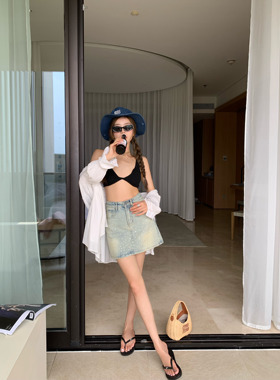 HEBEN MODE 海雾碎钻 复古重工烫钻牛仔半身裙女夏季显瘦A字短裙