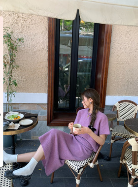 HEBEN MODE 懒人周末 羊毛彩点宽松针织短袖套装半身裙长裙两件套