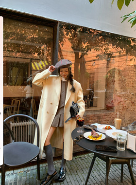 HEBEN MODE 绵云格调 羊驼绒双面呢羊毛大衣女冬季西装领毛呢外套