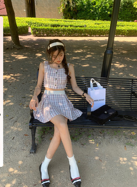 HEBEN MODE 小香风套装女夏套装裙短款背心a字裙今年流行两件套