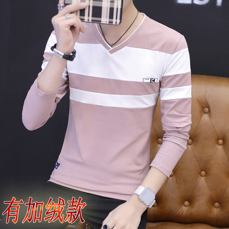 秋季长袖T恤男V领男服装全棉打底衫青少年学生韩版秋衣上衣服丅桖