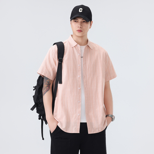 夏季宽松短袖衬衫男潮牌男友风港式雅痞帅气半袖翻领衬衣外套休闲