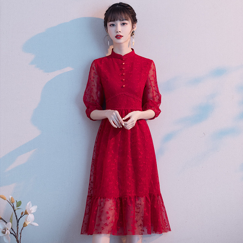 中式敬酒服新娘旗袍2020新款夏季复古气质红色中长款结婚礼服裙女