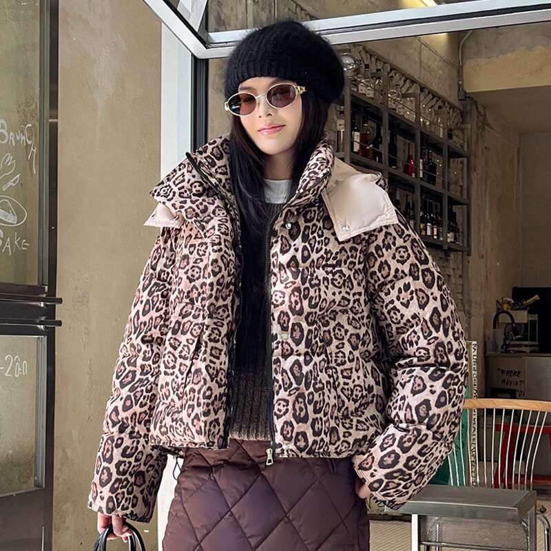 欧美外贸豹纹面包服羽绒棉服女短款加厚宽松2025新款冬季棉衣外套