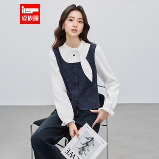 IEF/爱依服2026春季新款通勤韩系通勤圆领拼接衬衫简约知性女上衣