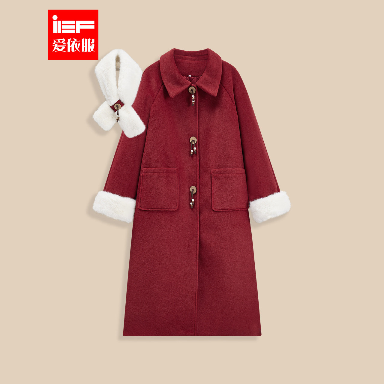 IEF/爱依服2025年秋冬季新年红色毛呢外套女中长款新中式氛围大衣,女装/女士精品,毛呢外套,淘宝优惠券,粉丝福利购,淘宝优惠卷