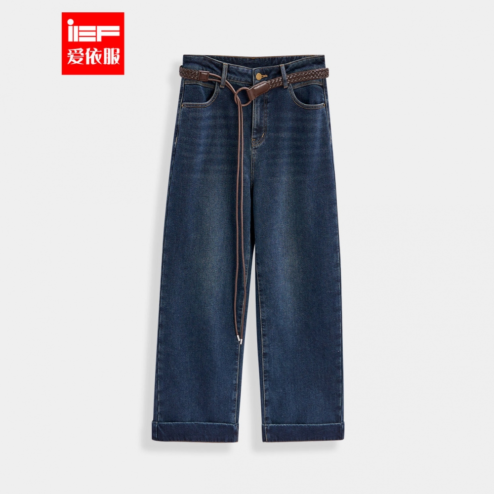 IEF/爱依服裤子2025冬季新款港式复古休闲通勤百搭加绒牛仔阔腿裤