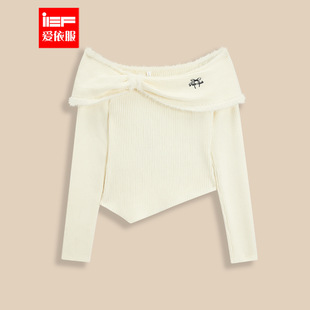 一字肩气质千金温柔风刺绣蝴蝶结毛织上衣 新款 IEF 爱依服2025秋季