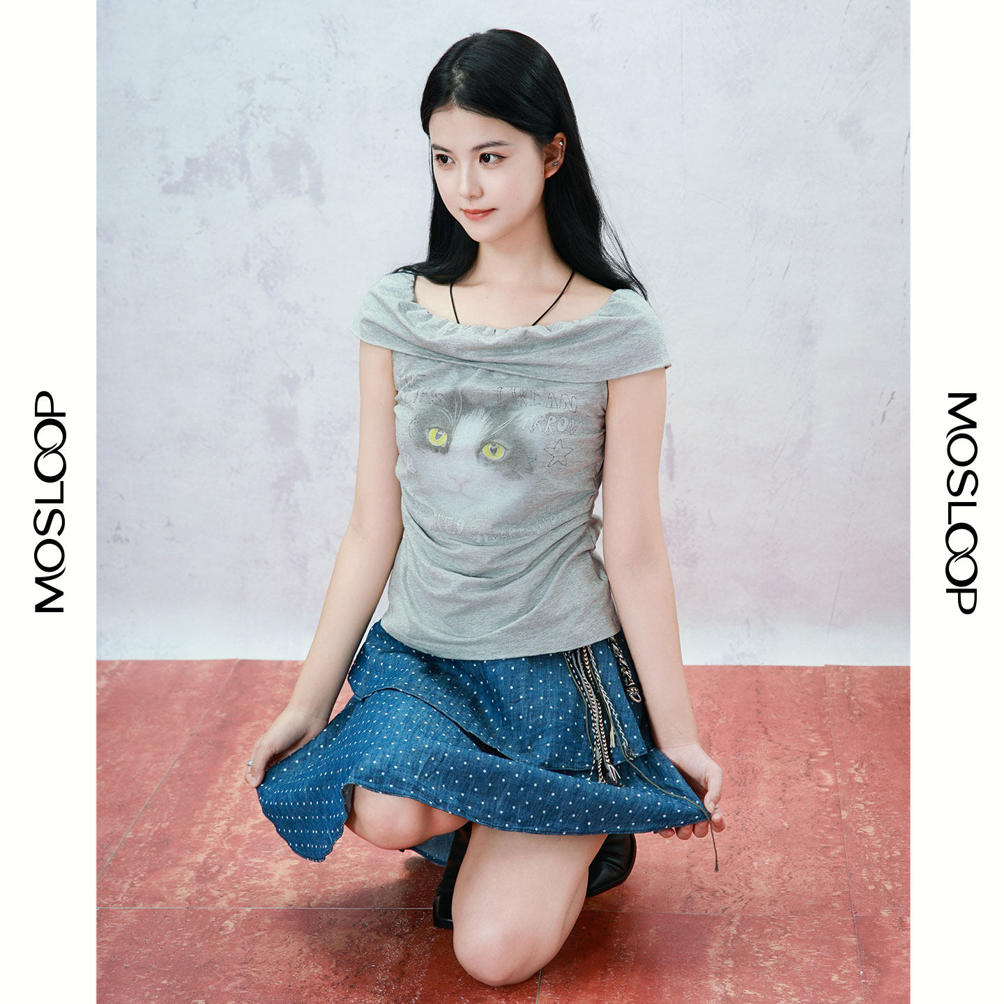 MOSLOOP夏季全棉麻猫咪印花短袖女修身显瘦一字领上衣