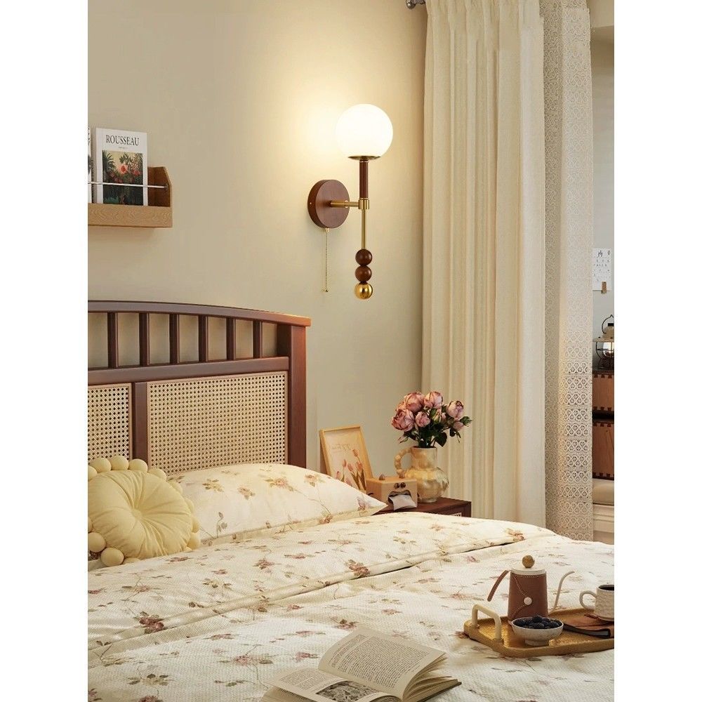 跨镜复古主卧室床头带拉线壁灯