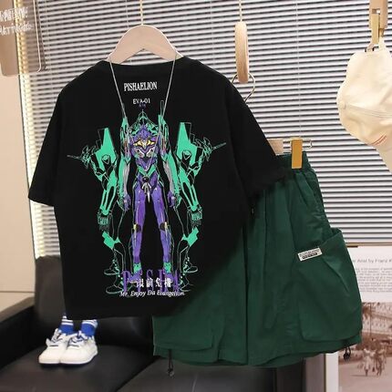 儿童eva联名T恤短袖男福音战士日系动漫周边初号机宽松纯棉衣服