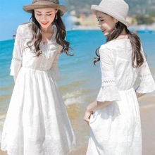 韩版小清新度假长裙沙滩裙女夏2020新款雪纺连衣裙海边裙白色短款