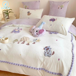 卡通公主风冬季牛奶绒四件套加厚珊瑚绒被套儿童上下铺床笠三件套