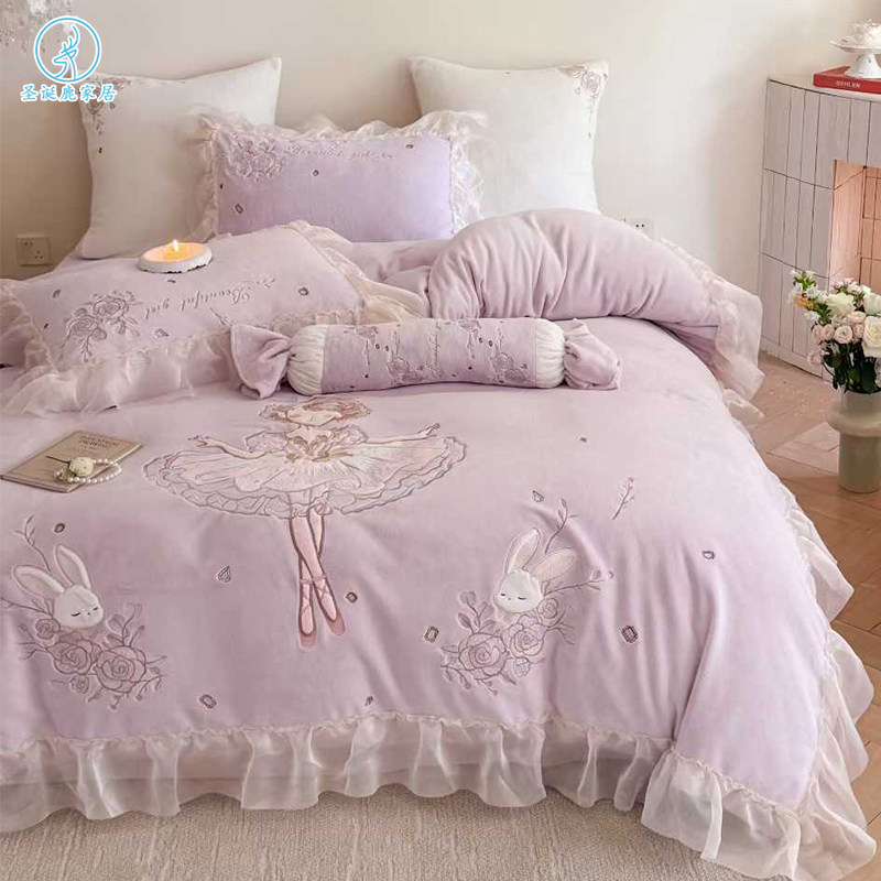 卡通公主风加厚牛奶绒四件套冬季超柔双面加绒被套儿童床笠三件套