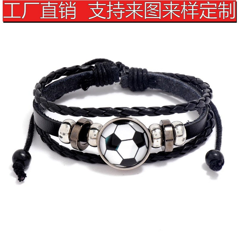 欧美时尚流行饰品个性串珠足球球迷周边皮革手链纪念礼品运动手环