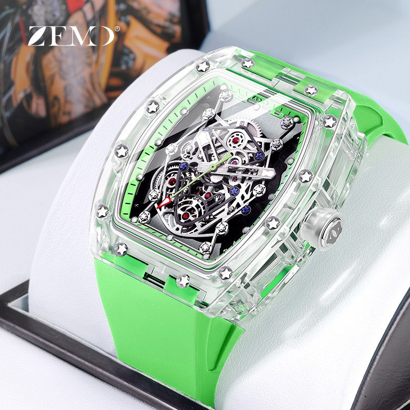 ZEMO泽默新款正品女士手表时尚透明镂空全自动机械表酒桶型男女表