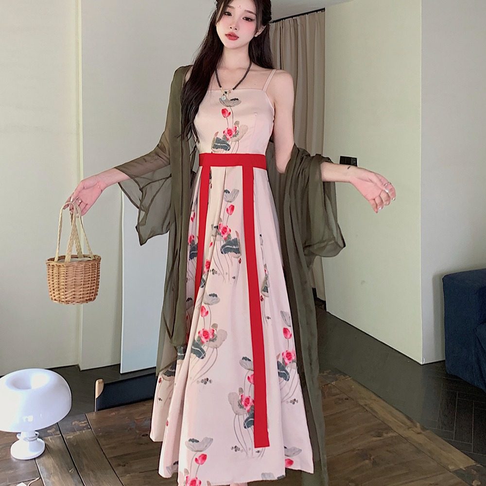 大码女装胖mm夏装新中式汉服显瘦碎花吊带连衣裙开衫两件套装