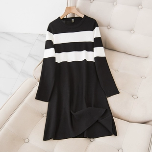 女装 温柔风气质显瘦条纹打底毛织连衣裙潮 时尚 大码 2023年春季 新款