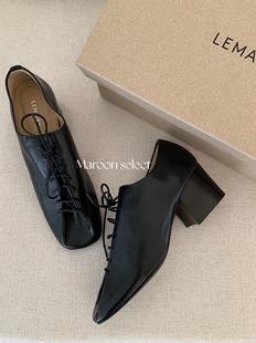 「Maroon」约2周 Lemaire Souris 方头系带中跟粗跟羊皮德比鞋
