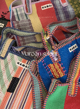 「Maroon」纽约Namai 印度古布Kantha 刺子绣单肩托特包拼布包