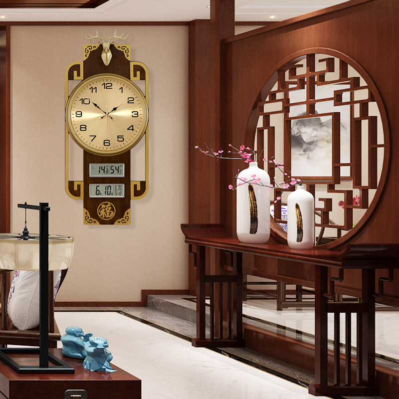 新中式挂钟客厅挂墙时钟玄关家用时尚万年历挂墙石英钟表大气挂表