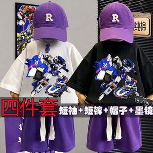 炫卡斗士新款衣服夏季男女童儿童短袖T恤圆领帅气宽松套装四件套