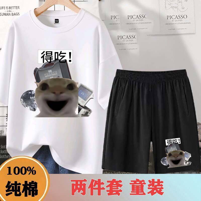 猫meme权威衣服三角洲行动鼠鼠开学套装五分裤大头猫纯棉短袖t恤