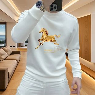 秋冬季新款马到成功印花卫衣男士时尚套头圆领长袖休闲百搭上衣潮