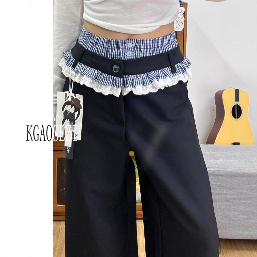 设计感双腰头拼接撞色休闲裤子女2025秋季格纹花边宽松显瘦阔腿裤,女装/女士精品,休闲裤,淘宝优惠券,粉丝福利购,淘宝优惠卷