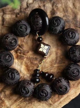 紫光檀木雕刻手串黑檀牛转乾坤文玩佛珠手链同料镶铜吊坠葫芦配饰