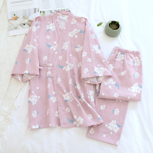 宽松汗蒸服日式 女士汉服斜襟系带睡衣春夏纯棉纱布家居服薄款 和服
