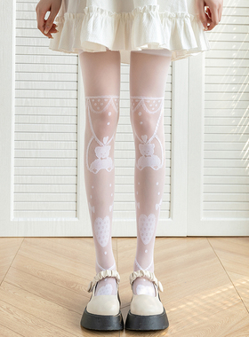 爱心波波熊长筒袜Lolita可爱软妹白色大腿袜洛丽塔丝袜高筒过膝袜