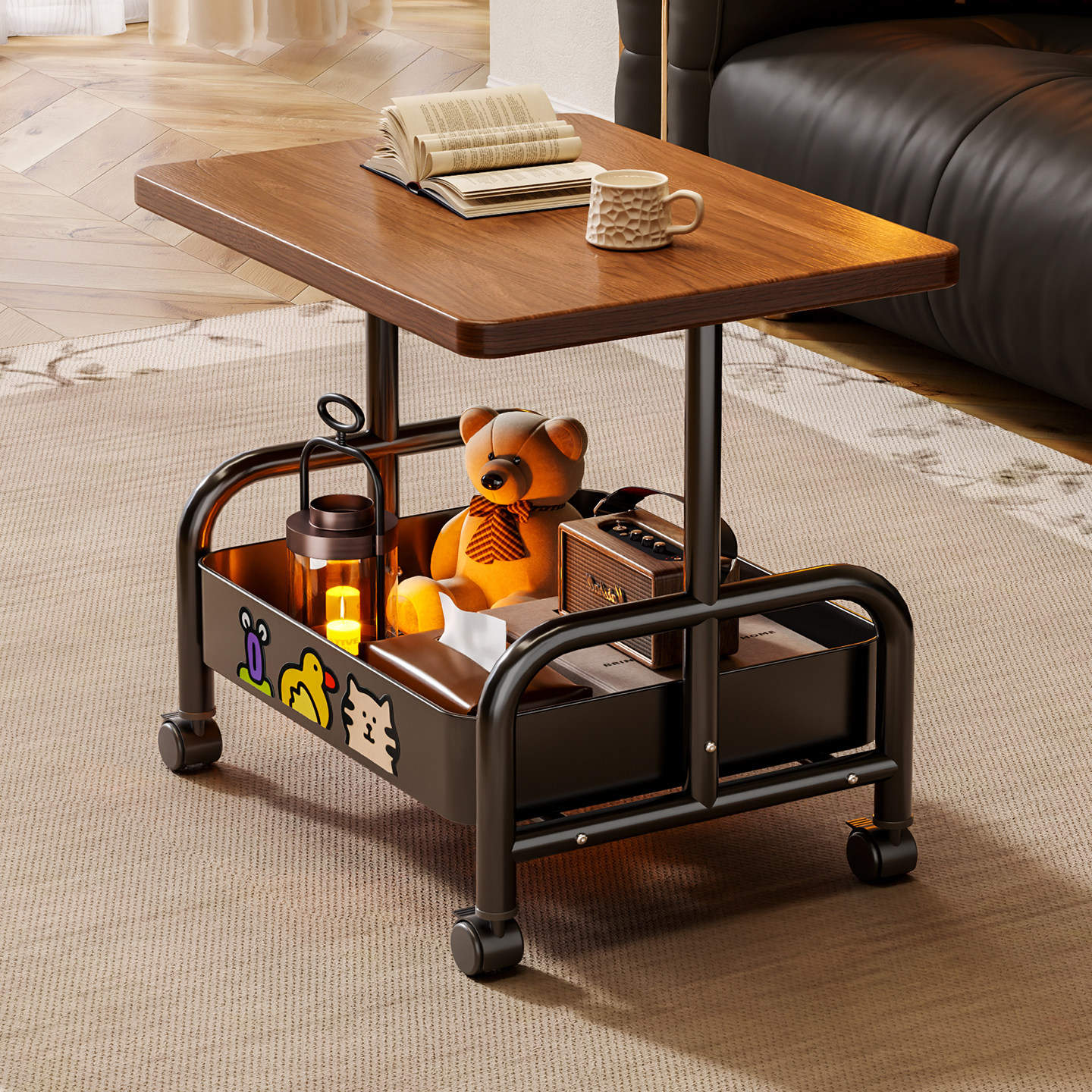 小推车双层边几可移动收纳小桌子茶几客厅沙发带轮茶桌卧室置物架