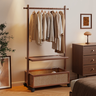 衣帽架置物架落地立式挂衣架客厅衣服收纳架中古风衣服置物架带轮