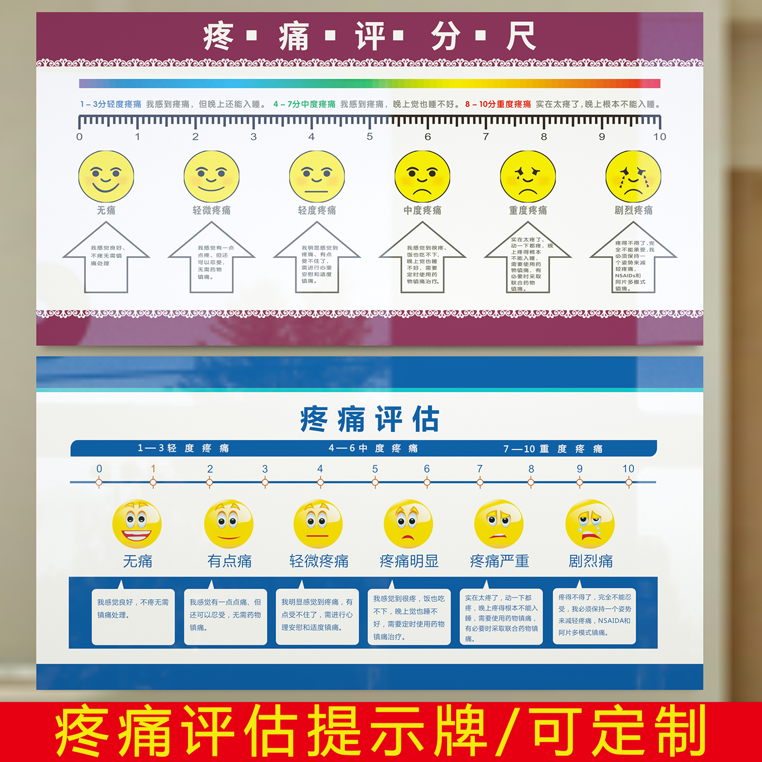 疼痛评分标准VAS评分脸谱疼痛尺NRS数字分级新版疼痛评估标识贴牌