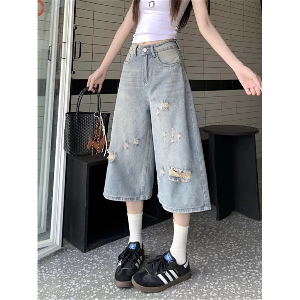 水洗破洞七分牛仔裤男女款夏季美式复古短裤潮流宽松直筒阔腿五分
