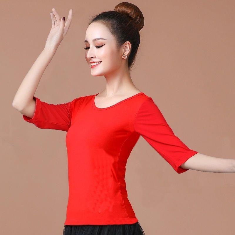 新款广场舞服装女新款跳舞上衣中袖短袖夏季黑色单件跳舞衣舞蹈服