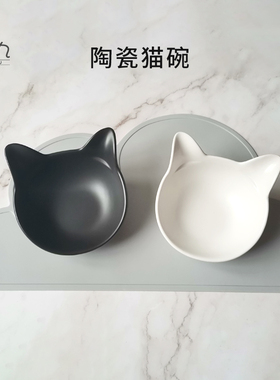 vivipet陶瓷猫粮碗喝水碗大口径食盆黑白猫耳双碗保护颈椎微瑕疵