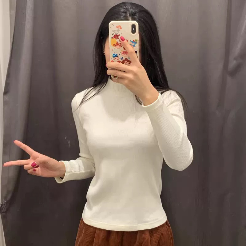 MosesQueen魔西女王黑色打底衫女半高领收腰长袖T恤秋冬上衣ins