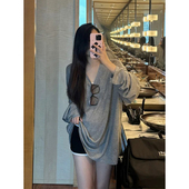 MosesQueen魔西女王白色v领长袖 宽松T恤女慵懒风松弛感休闲上衣