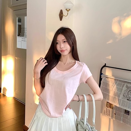 MosesQueen魔西女王微透薄款U领t恤2025新款正肩纯棉显瘦短袖上衣