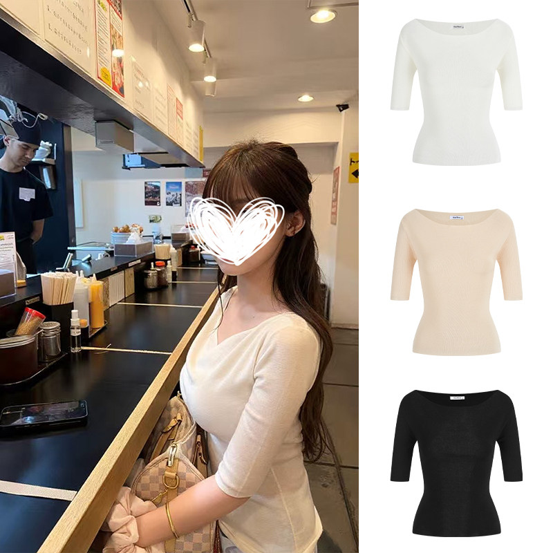 MosesQueen魔西女王优雅荡领半袖针织衫女高级感气质薄款短袖上衣