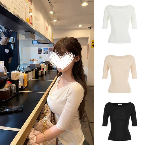 MosesQueen魔西女王优雅荡领半袖针织衫女高级感气质薄款短袖上衣