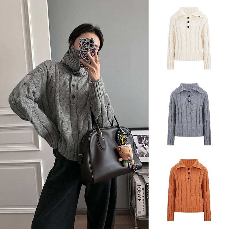 MosesQueen魔西女王灰色麻花高领毛衣女秋冬季宽松长袖针织衫上衣