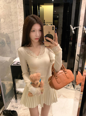 MosesQueen魔西女王灰色蕾丝针织衫秋装修身显瘦打底衫长袖上衣女