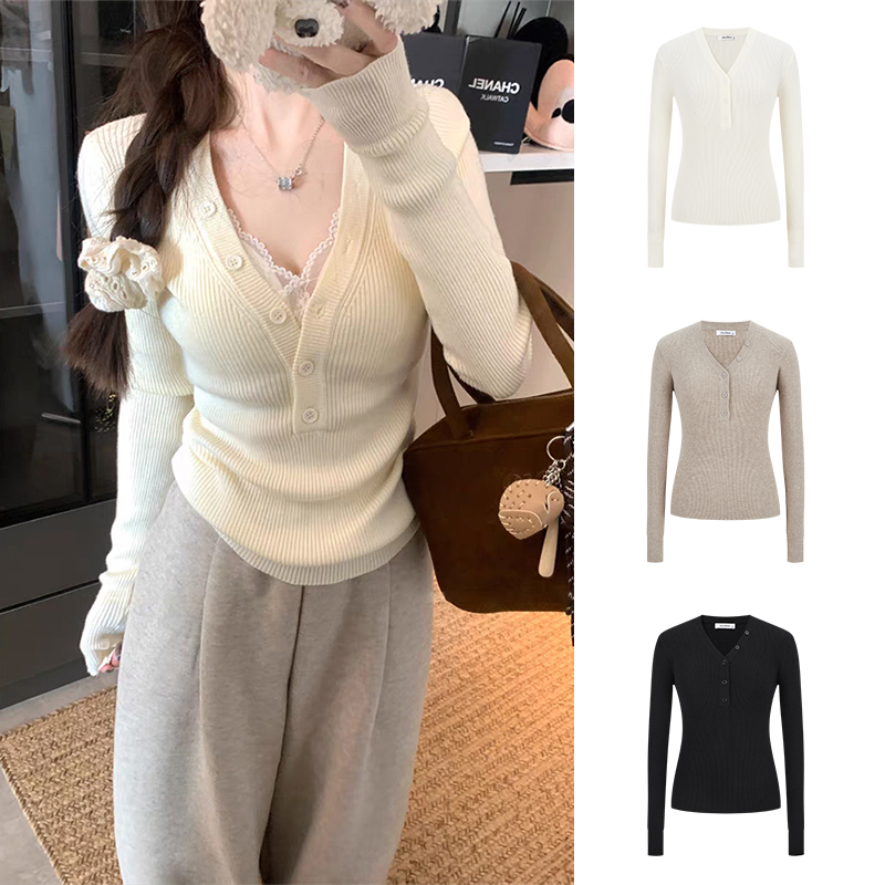 MosesQueen魔西女王韩系低领V领纽扣针织上衣女修身显瘦打底衫