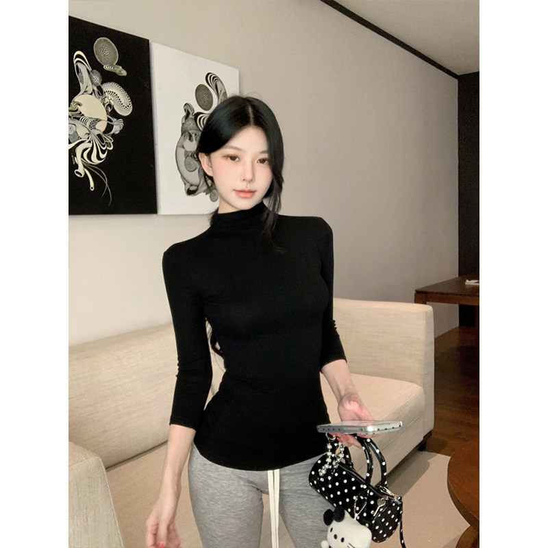 MosesQueen魔西女王黑色半高领内搭打底衫修身长袖t恤七分袖上衣