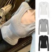 MosesQueen魔西女王早秋V领正肩t恤长袖 女修身 掐腰收腰紧身上衣